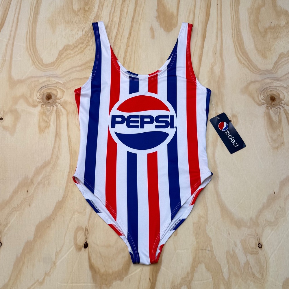 NWT Pepsi Womens One Piece Swimsuit Red White Blue Striped Logo Size L New